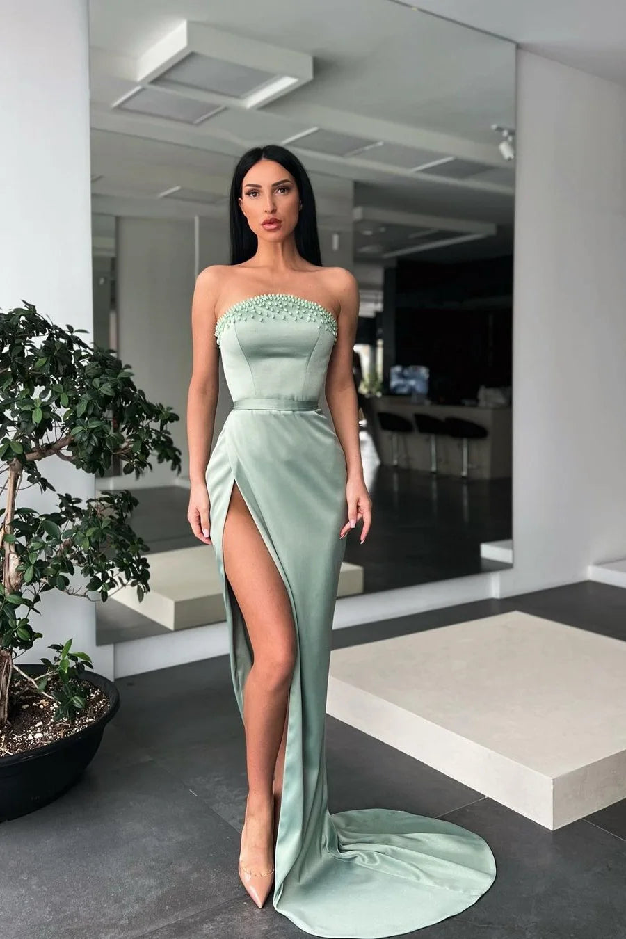 Sage Green Strapless Satin Prom Dress with Pearl Embellished Neckline and High Slit for Formal Events and Prom Nights