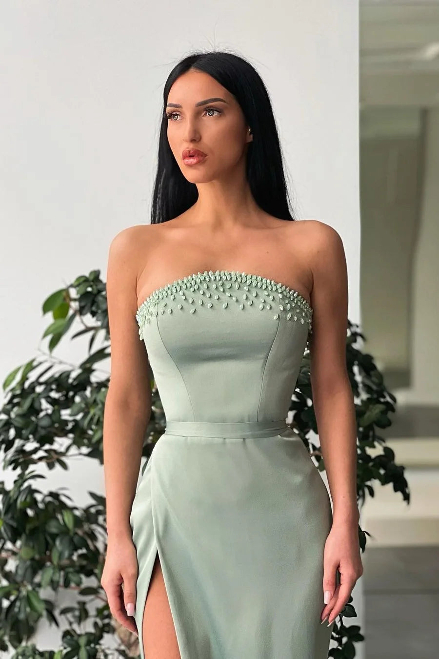 Sage Green Strapless Satin Prom Dress with Pearl Embellished Neckline and High Slit for Formal Events and Prom Nights