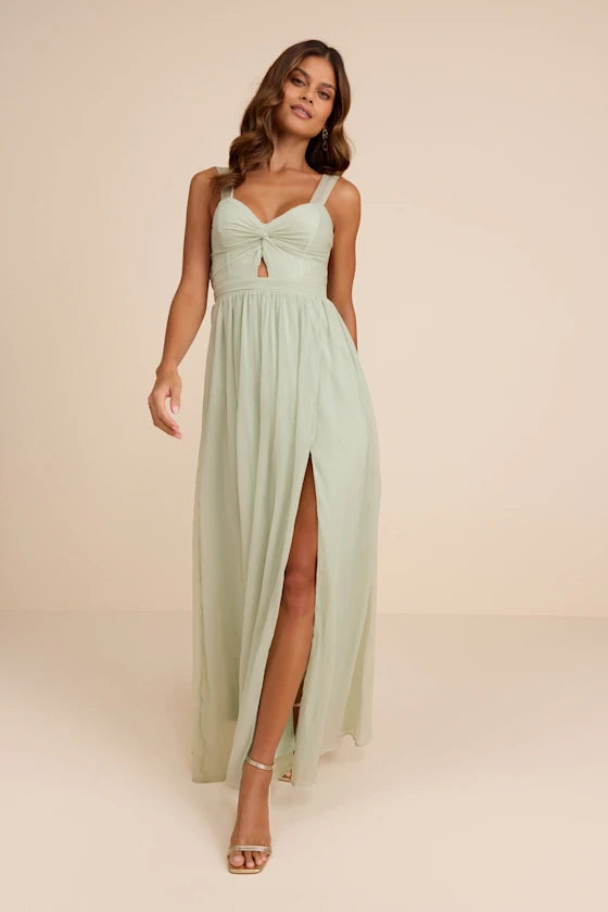 Sage Green Wide Strap Prom Dress With Keyhole Front Empire Waist High Slit And Chiffon A Line Formal Prom Dress