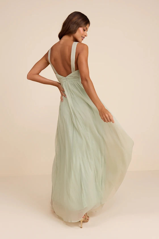 Sage Green Wide Strap Prom Dress With Keyhole Front Empire Waist High Slit And Chiffon A Line Formal Prom Dress