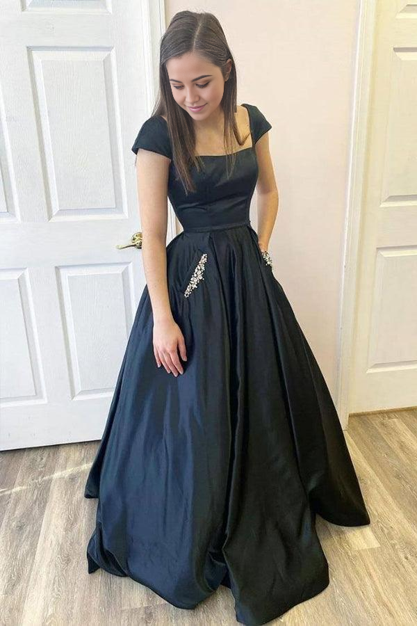Elegant black A-line satin prom dress with cap sleeves and open back.