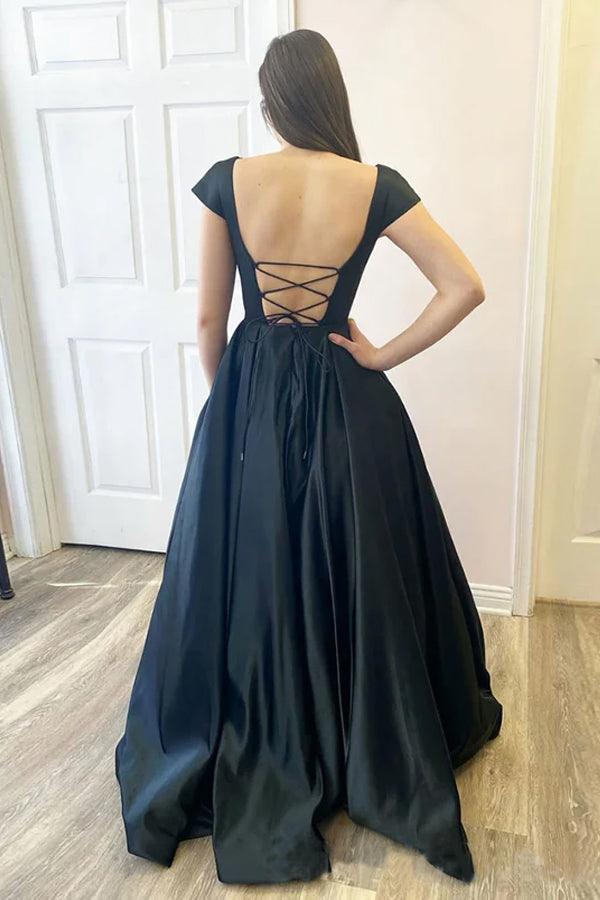 Black A-line satin gown featuring a V-neck and flowing skirt.