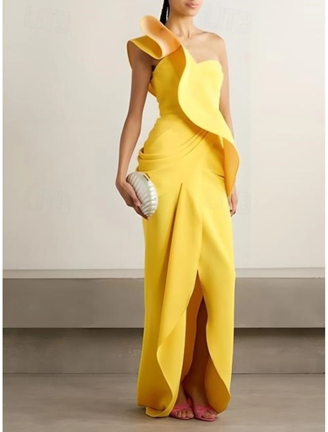 Sculptural Sheath One-Shoulder Sleeveless Draped Asymmetrical Yellow Floor-Length Evening Gown