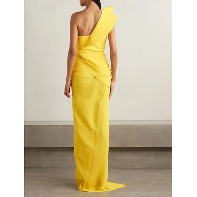 Sculptural Sheath One-Shoulder Sleeveless Draped Asymmetrical Yellow Floor-Length Evening Gown