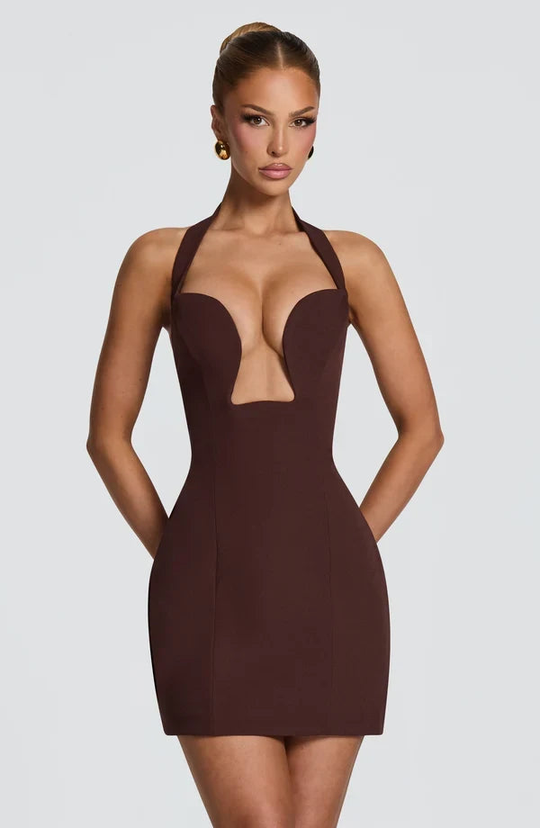 Seductive Bodycon Halter Plunge Corset Back Plum Brown Short Homecoming Dress