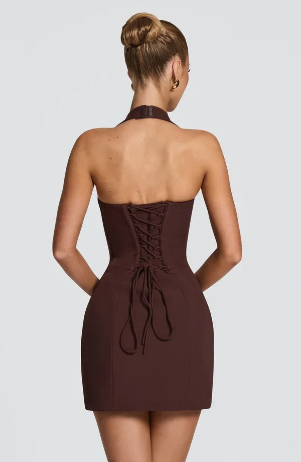 Seductive Bodycon Halter Plunge Corset Back Plum Brown Short Homecoming Dress