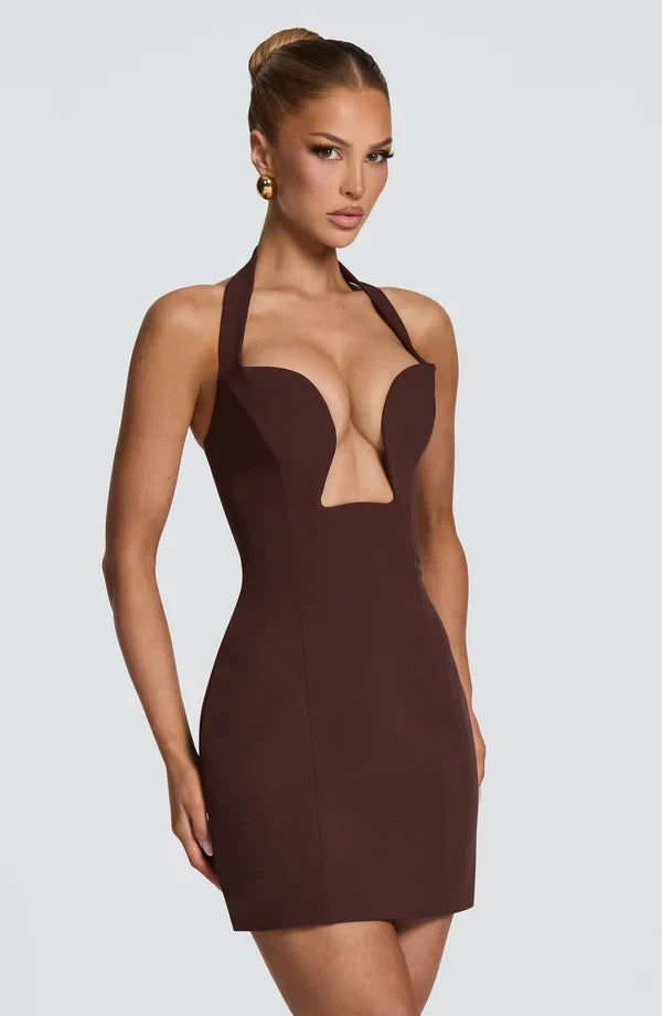 Seductive Bodycon Halter Plunge Corset Back Plum Brown Short Homecoming Dress