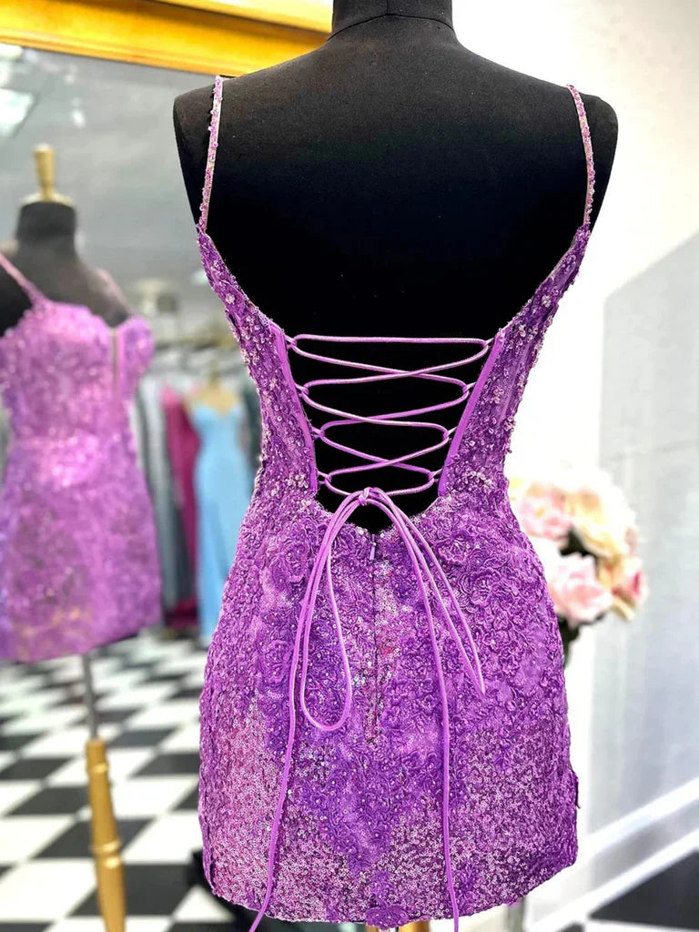 Woman posing in the short sequined lace homecoming dress.