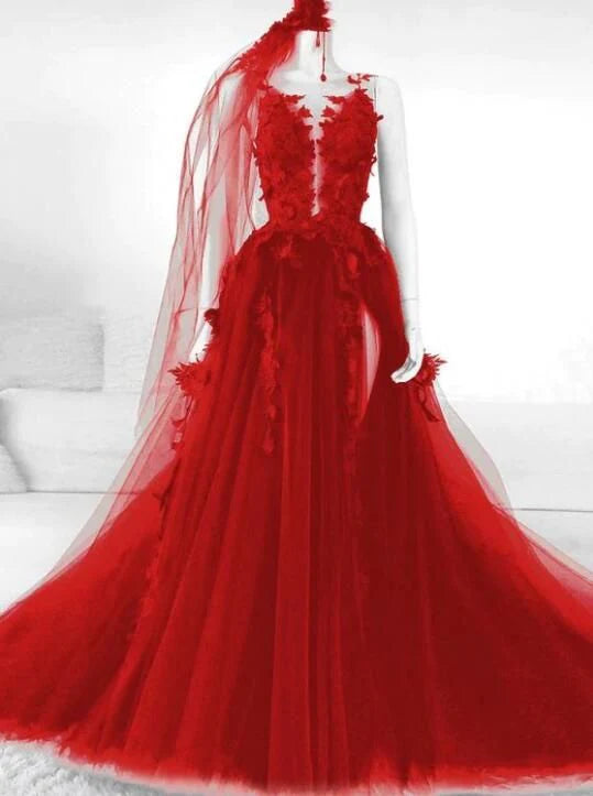 Red A-line lace and tulle prom dress with V-neck and backless detail.