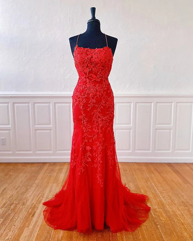 Red A-line lace prom dress with open back and V-neck.