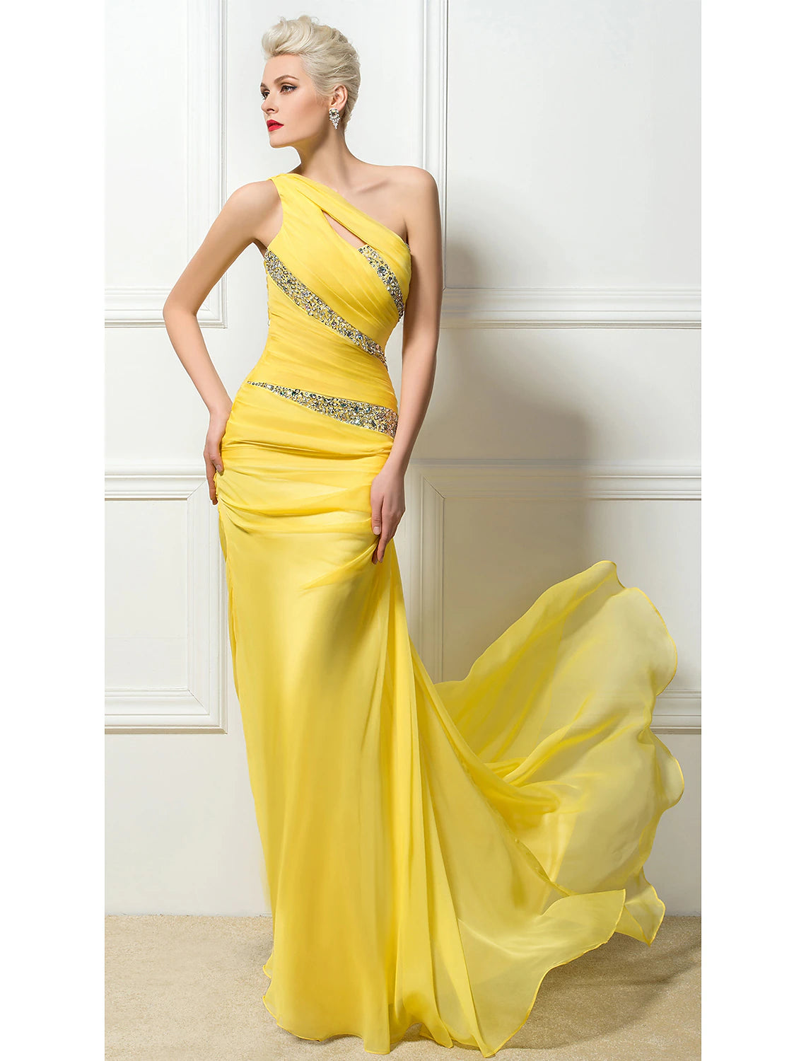 Model wearing a sexy sheath one-shoulder backless chiffon evening dress with sequin details.