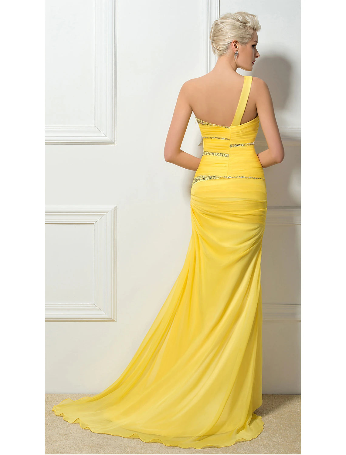 Full-length view of the elegant one-shoulder formal gown, suitable for special occasions.