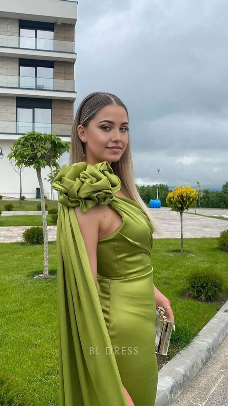 Elegant olive green one-shoulder evening gown.