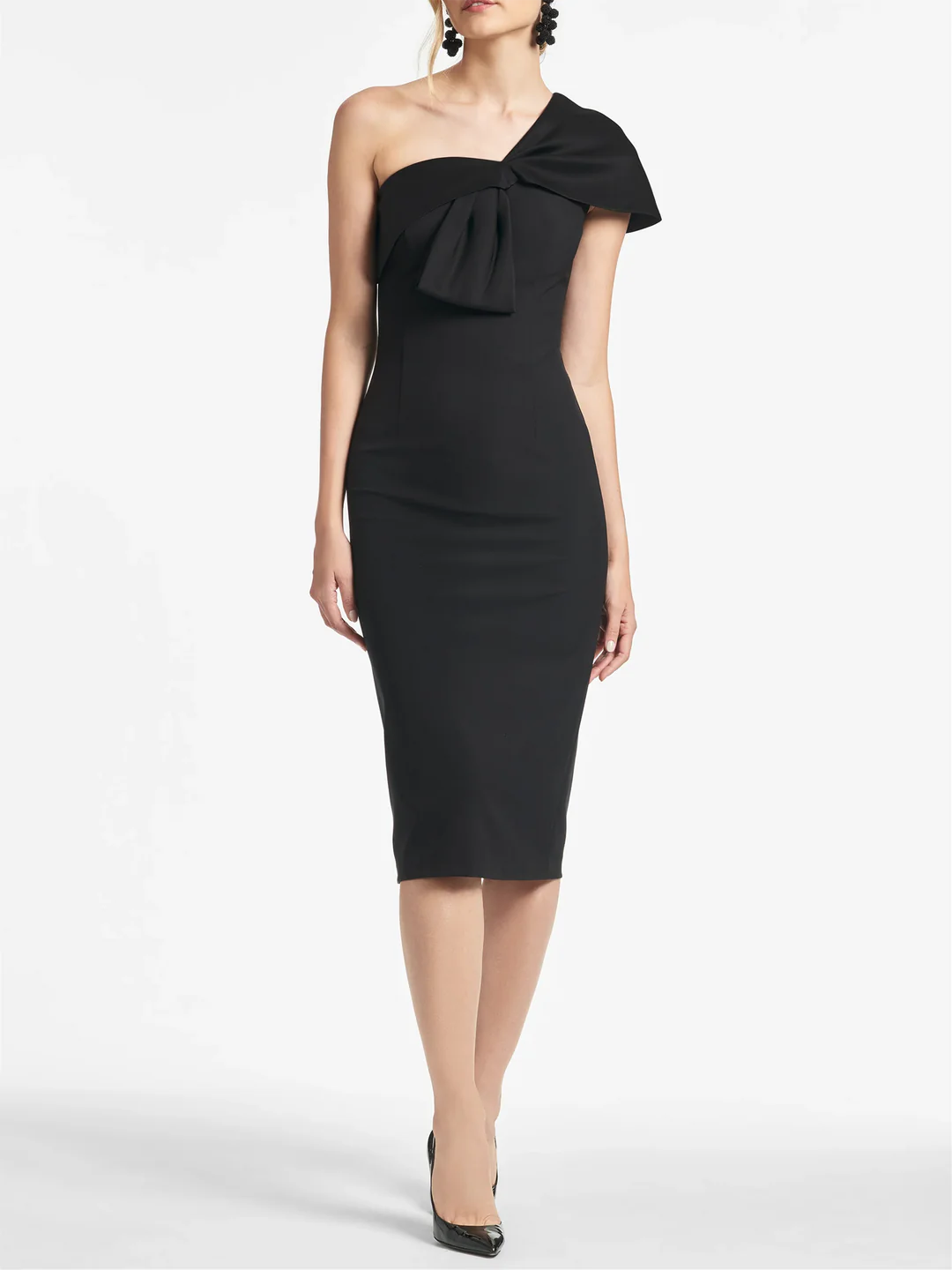 Model wearing an elegant knee-length sheath one-shoulder mother of the bride dress.