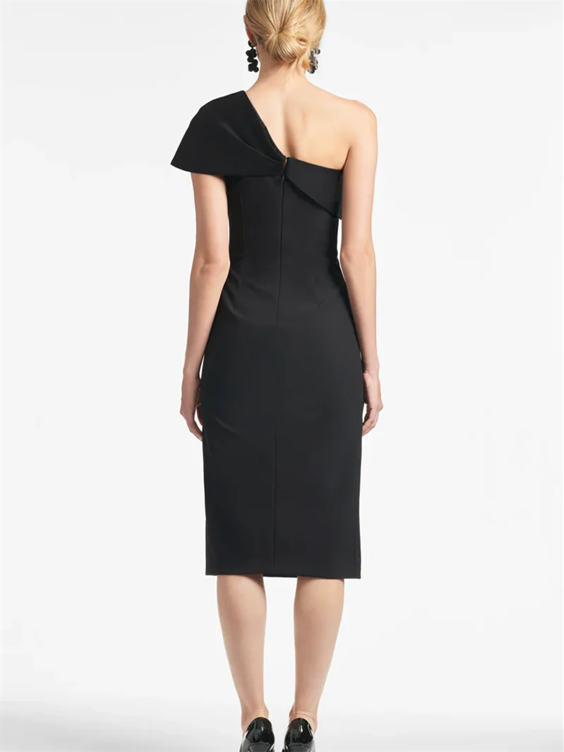 Side view of the sheath one-shoulder formal dress for mother of the bride.