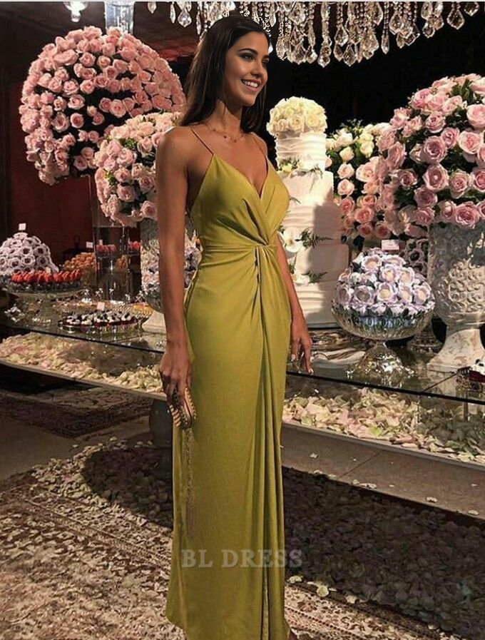 Gold sheath formal gown with spaghetti straps.
