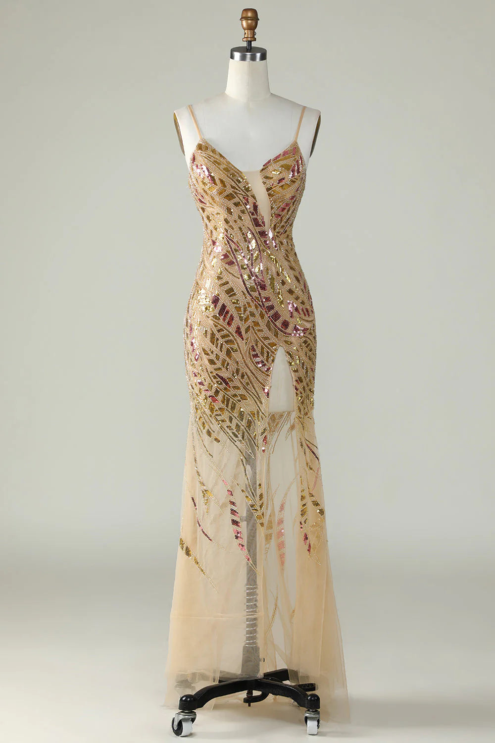Golden mermaid sequins prom dress with spaghetti straps and split front.