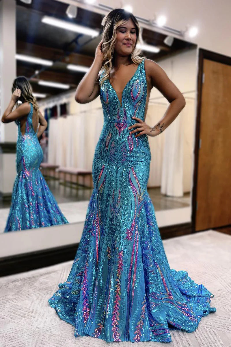 Close-up of the sequin detail on a V-neck mermaid prom dress.