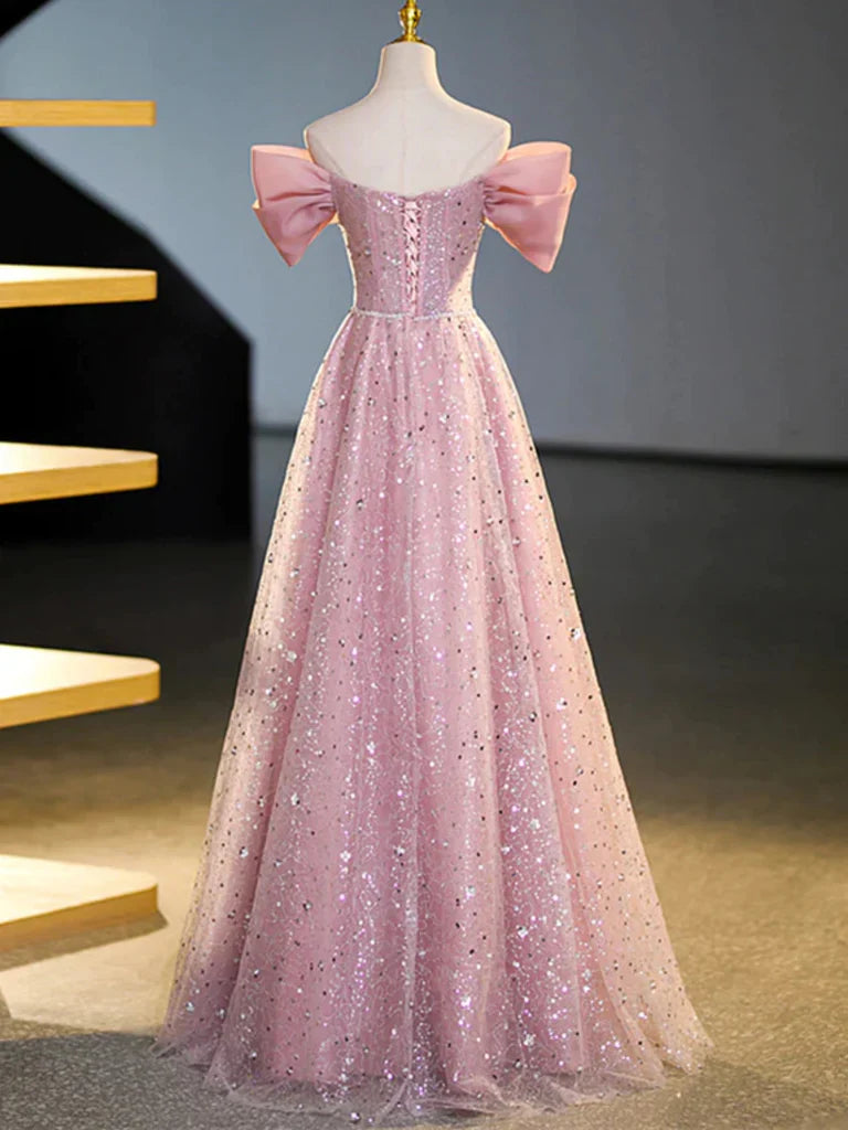 Side view of the sequin off-shoulder long prom dress, showing the A-line silhouette.