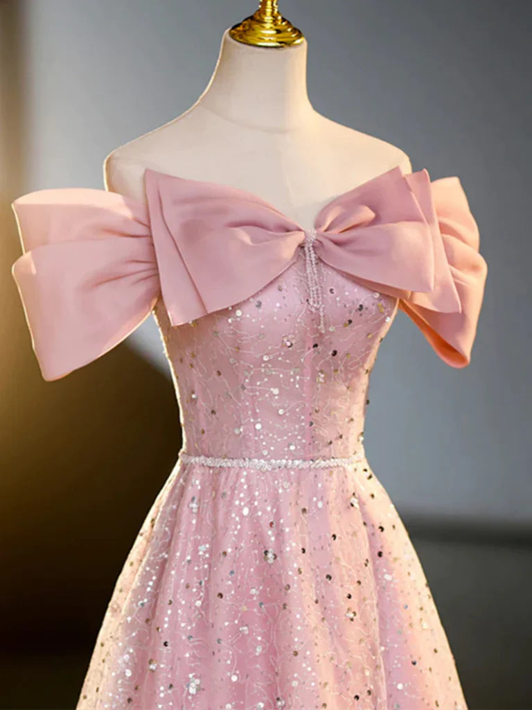 Back view of the elegant off-shoulder sequin long prom dress.