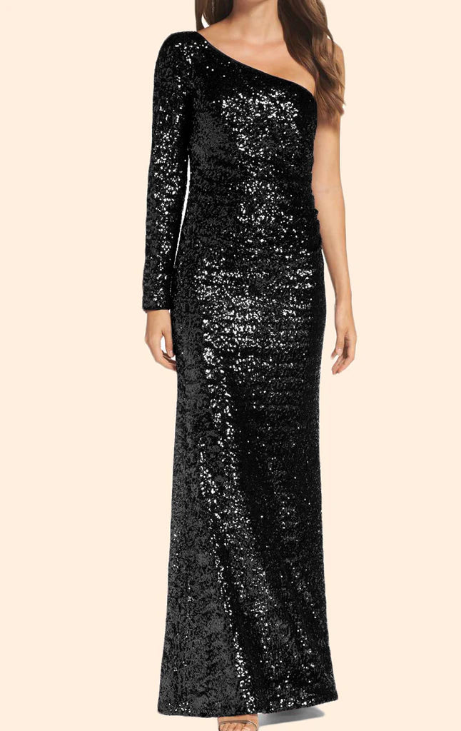 Model wearing a shimmering one-shoulder, long-sleeve sequin formal dress.