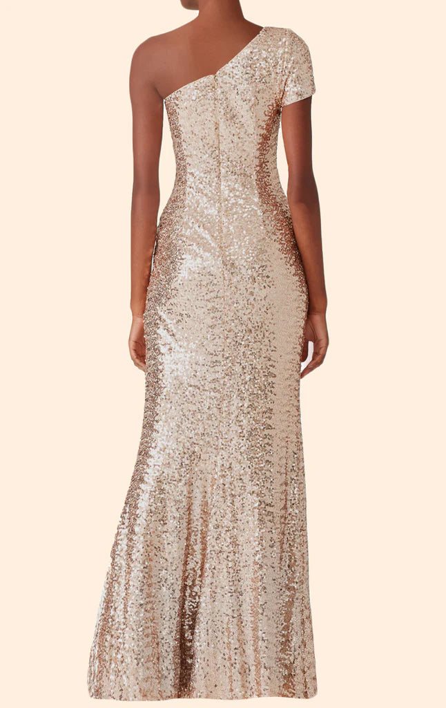 Model wearing a dark blue one-shoulder sequin long maxi bridesmaid dress.