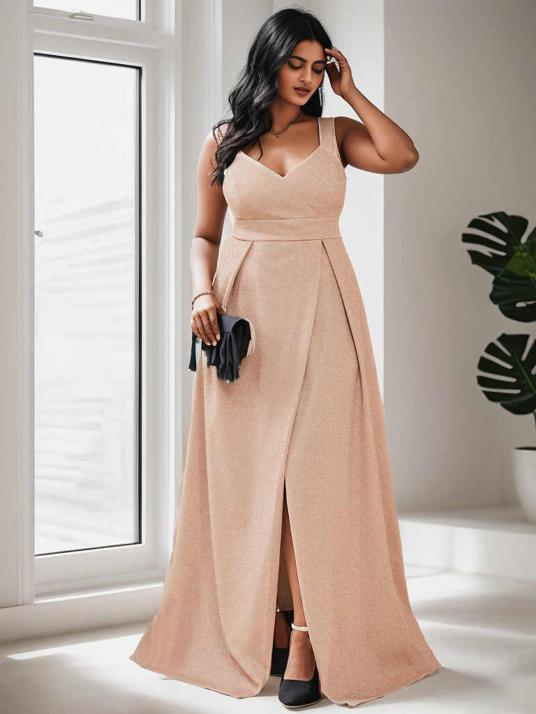 Blush plus size shimmering spaghetti strap evening gown.