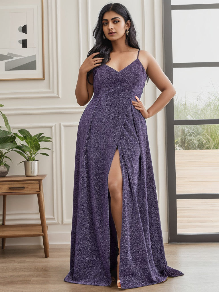 Dark purple plus size shimmering spaghetti strap evening gown.