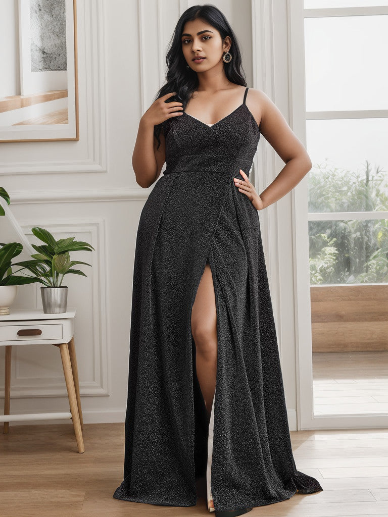 Black plus size shimmering spaghetti strap evening gown.