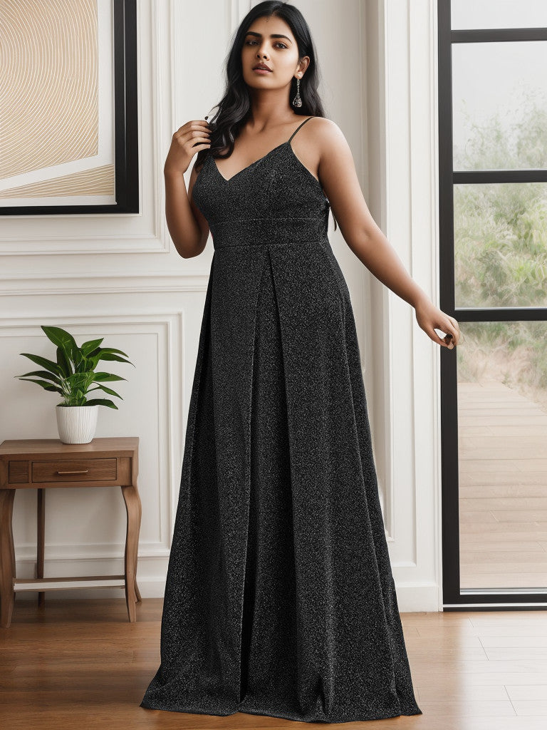 Black plus size shimmering spaghetti strap evening gown, side view.