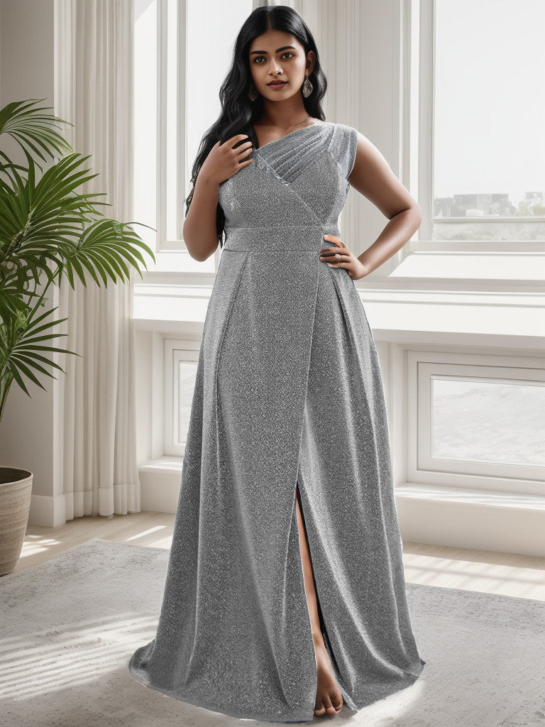 Grey plus size shimmering spaghetti strap evening gown.