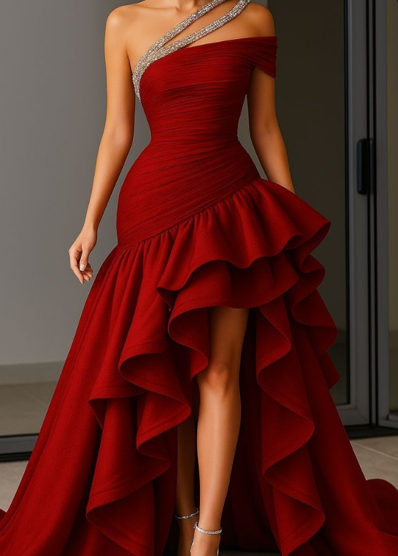 Woman wearing a shimmering one-shoulder A-line maxi prom dress with ruffles and a high slit.