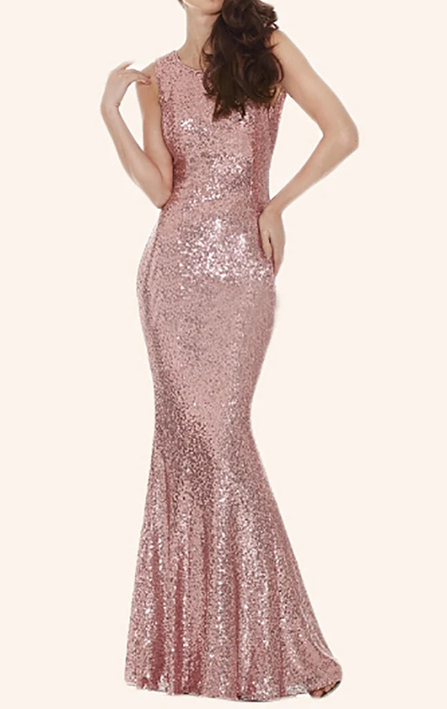Woman wearing a shimmering mermaid sequin long formal dress.