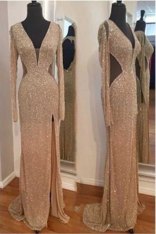 Elegant long sleeve sequin sheath maxi dress for prom.