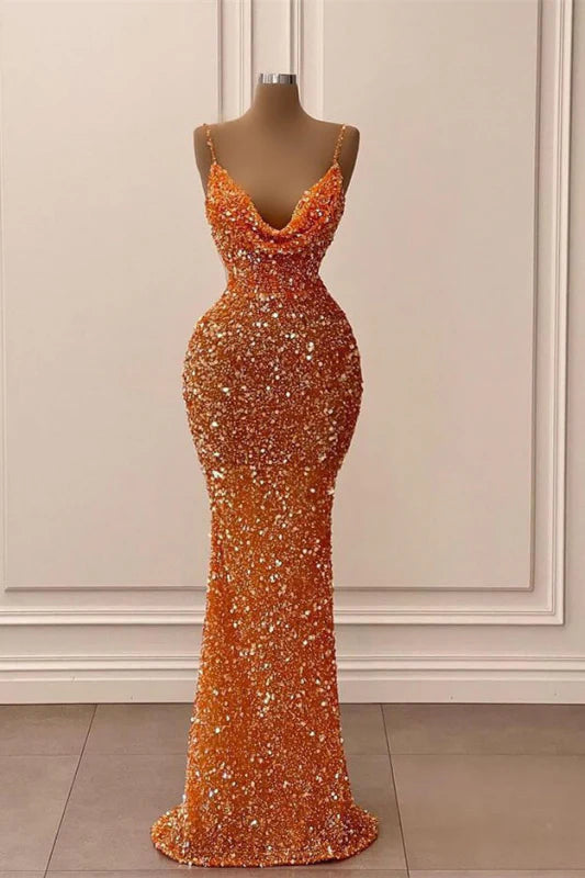 Elegant mermaid sequined V-neck prom dress with spaghetti straps.