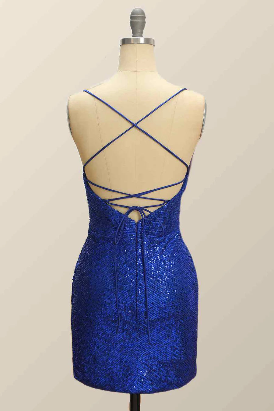 Back view of the shimmering sequin homecoming dress with lace-up detail.