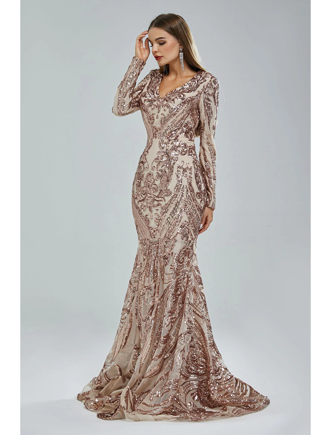 Side view of the long sleeve V-neck sequin lace mermaid dress.