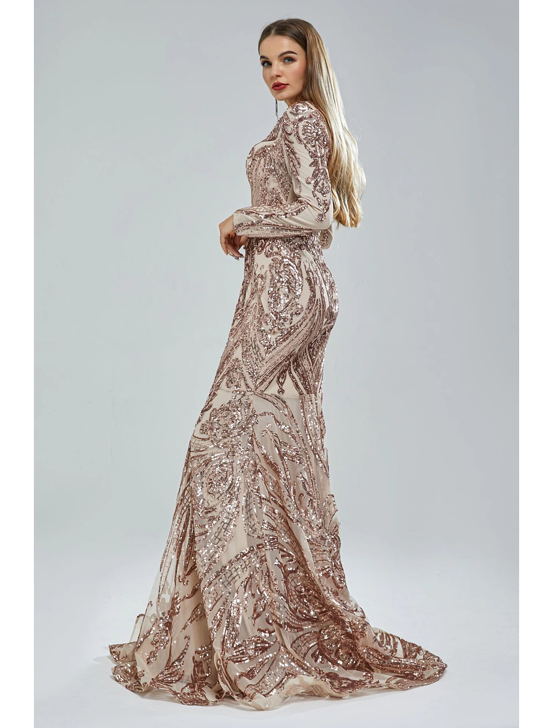 Close-up of the sequin lace detail on the mermaid evening gown's bodice.