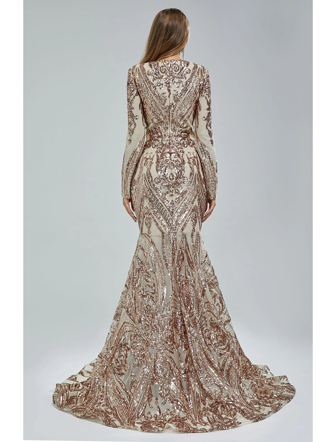 Another angle of the V-neck long sleeve mermaid evening gown.