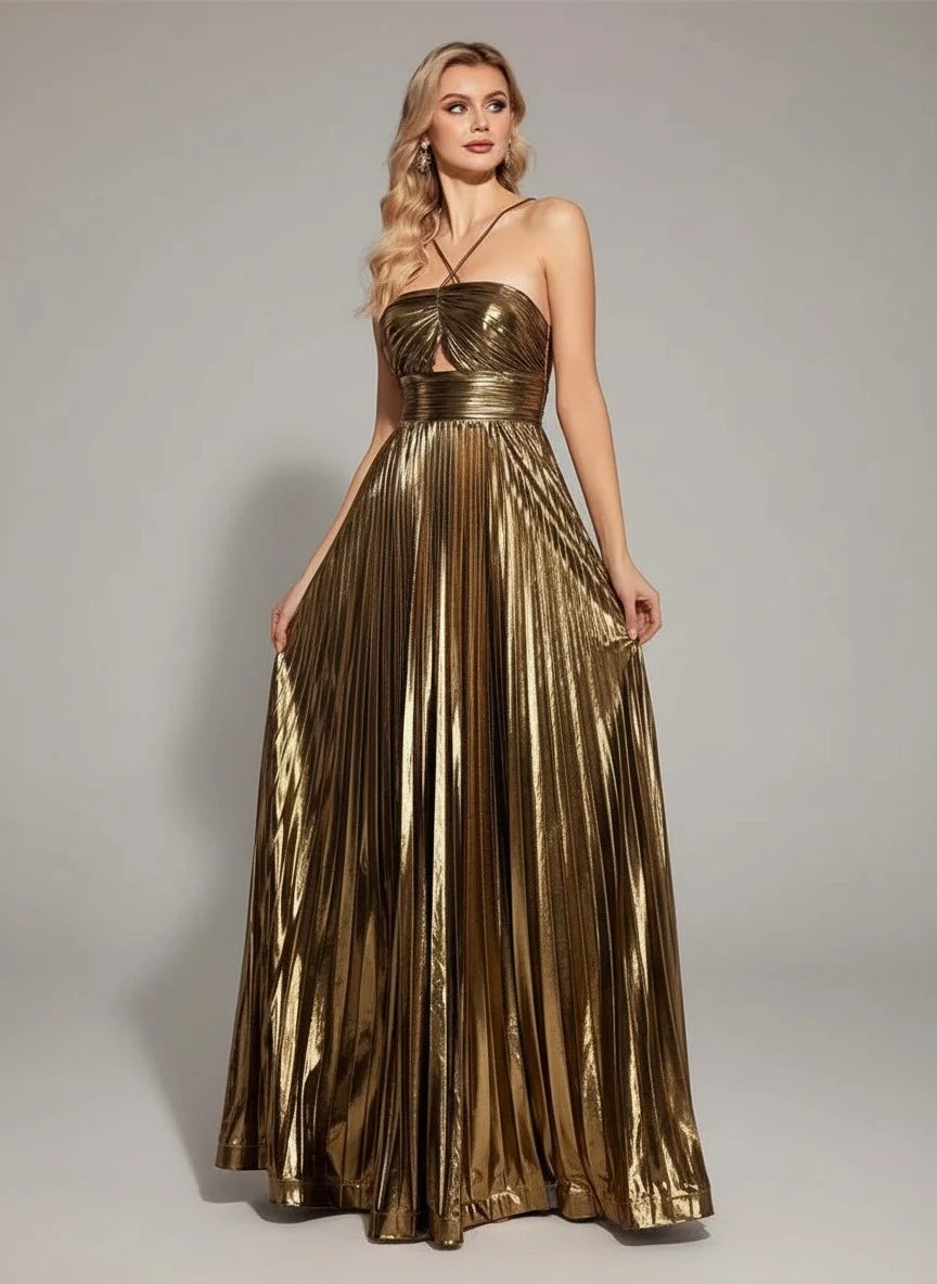 Shimmering A-Line Halter Sleeveless Pleated Gold Floor-Length Prom Gown