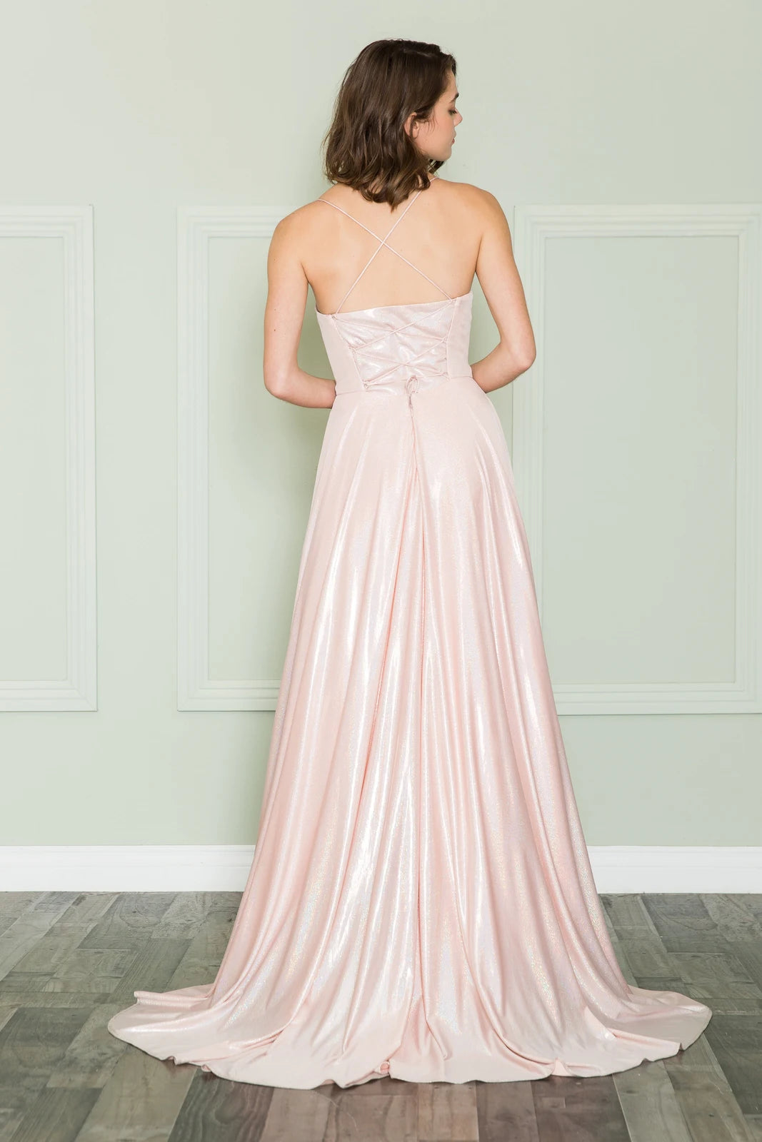 Shimmering A-Line Square Neck Sleeveless Criss-Cross Back Pink Floor-Length Prom Gown