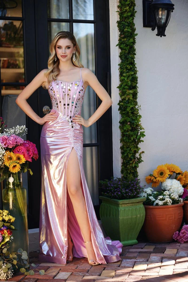 Shimmering A-Line Sweetheart Sleeveless Beaded High Slit Pink Prom Dress Gown