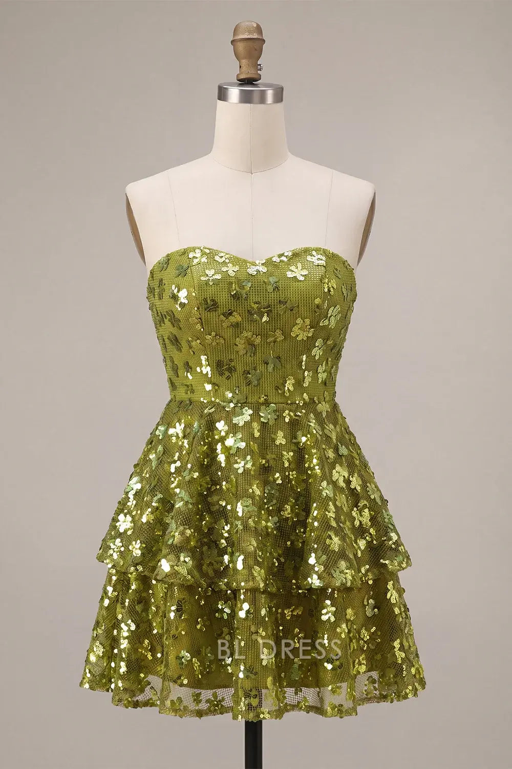 Shimmering A-Line Sweetheart Strapless Sequin Tiered Olive Short Homecoming Dress Women's Party