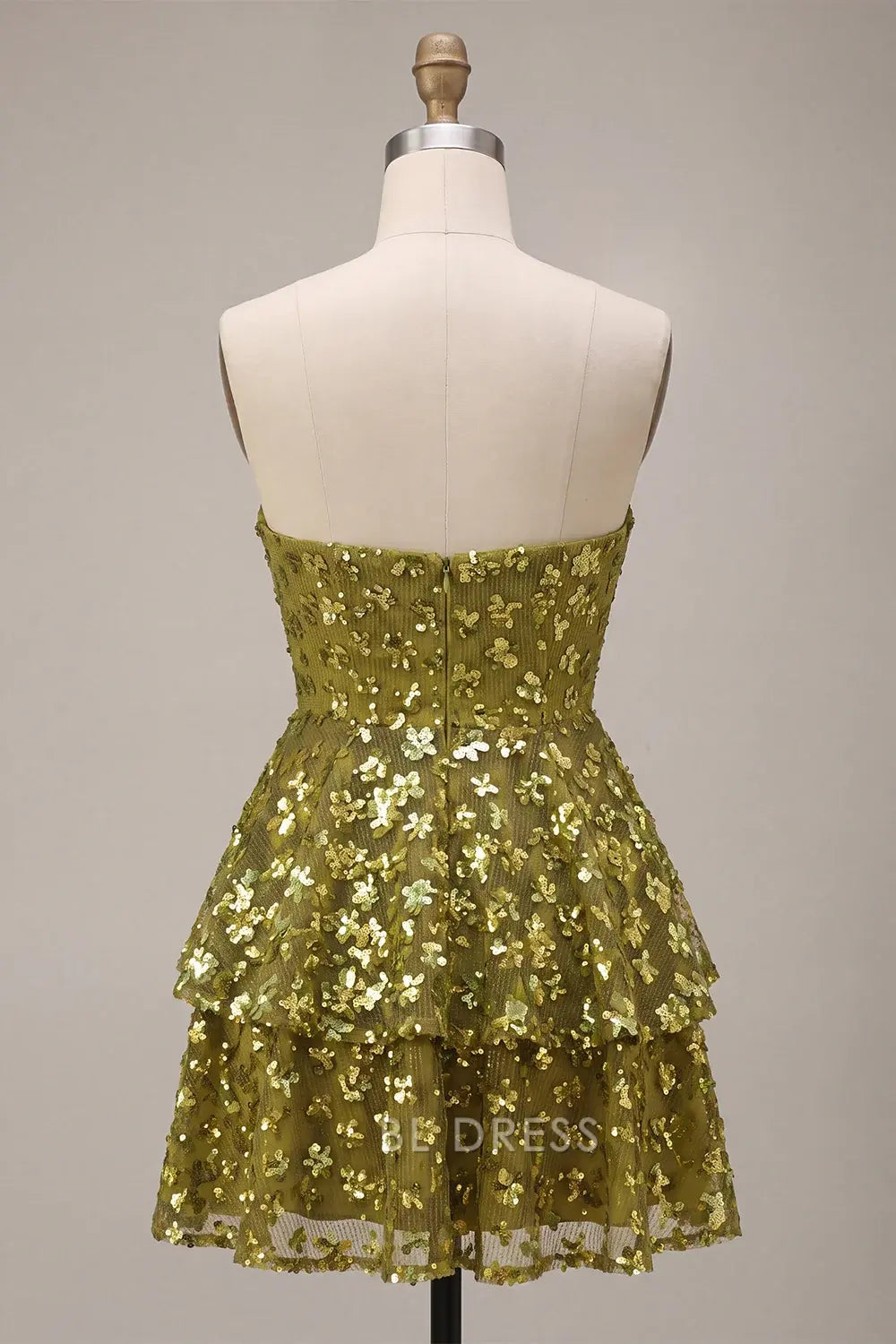 Shimmering A-Line Sweetheart Strapless Sequin Tiered Olive Short Homecoming Dress Women's Party