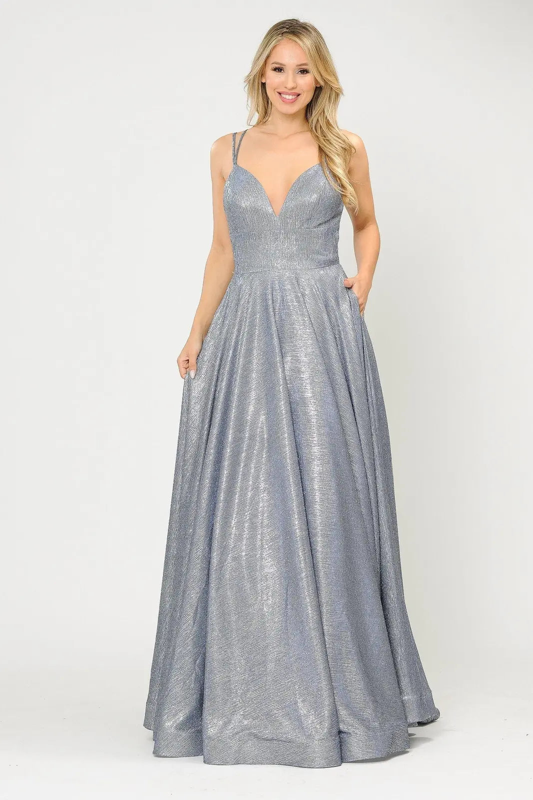 Shimmering A-Line V-Neck Sleeveless Elegant Sparkly Silver Floor-Length Prom Dress for Women