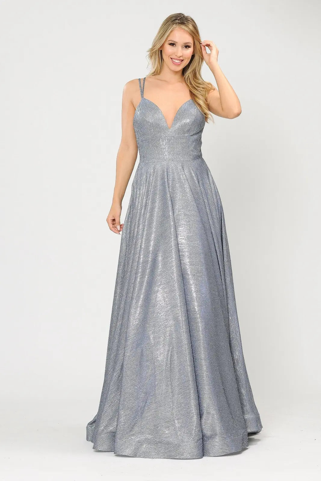 Shimmering A-Line V-Neck Sleeveless Elegant Sparkly Silver Floor-Length Prom Dress for Women