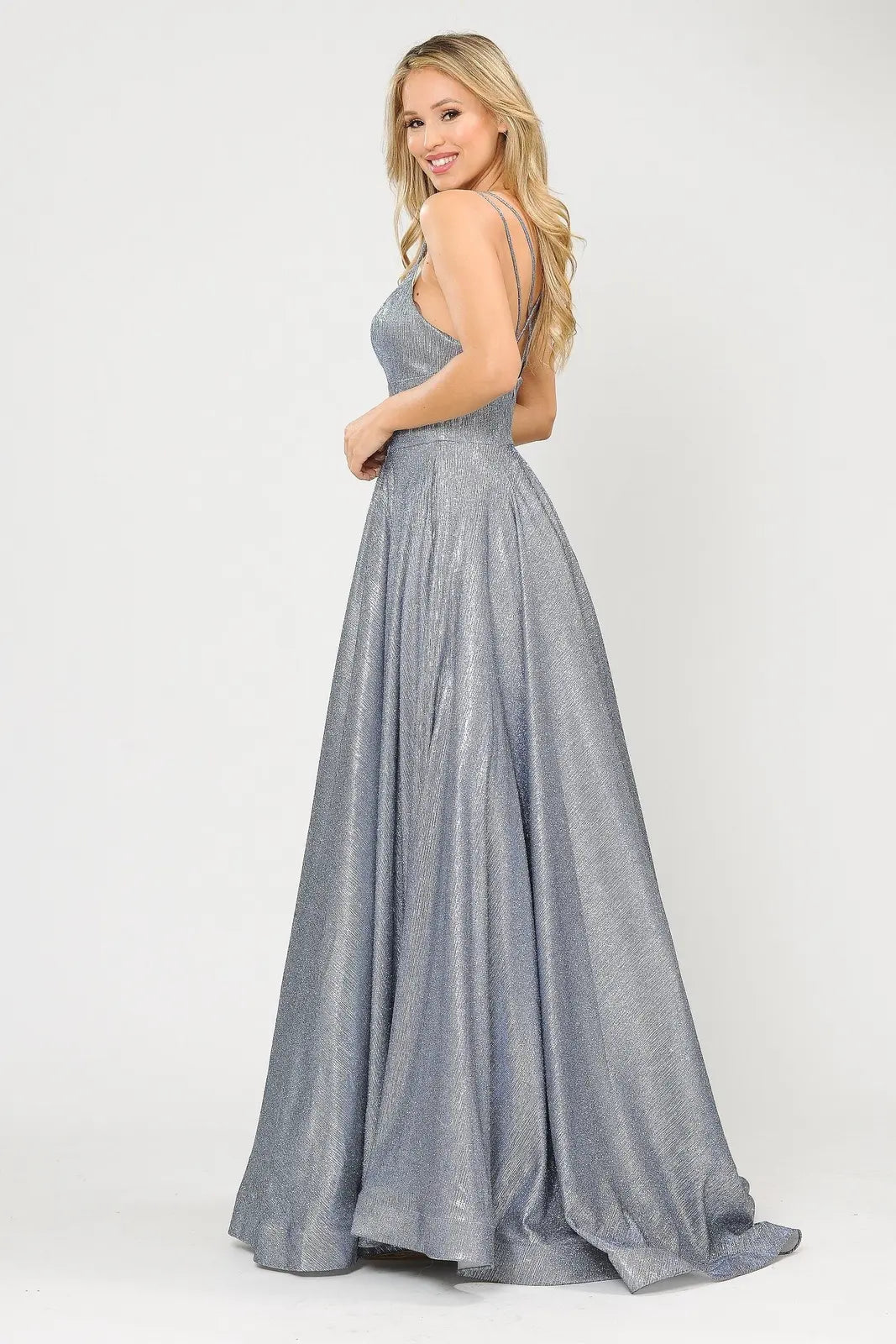 Shimmering A-Line V-Neck Sleeveless Elegant Sparkly Silver Floor-Length Prom Dress for Women
