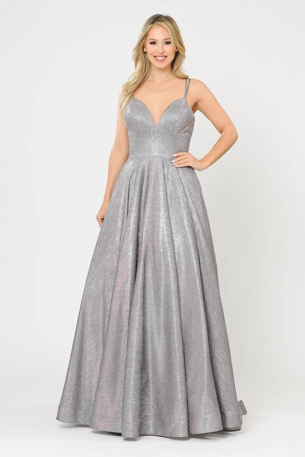Shimmering A-Line V-Neck Sleeveless Elegant Sparkly Silver Floor-Length Prom Dress for Women