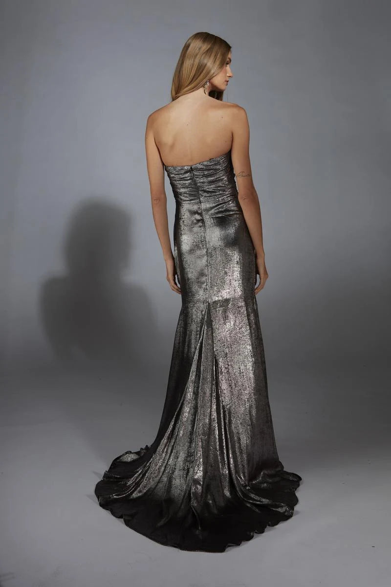 Shimmering Mermaid Cowl Neck Off-Shoulder Draped Metallic Silver Floor-Length Prom Gown