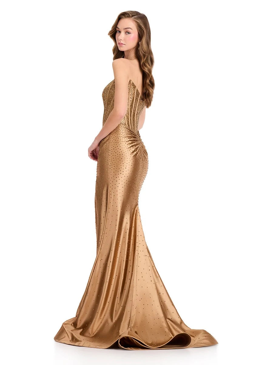 Shimmering Mermaid Strapless Beaded High-Slit Gold Floor-Length Prom Dresses Women's Gown